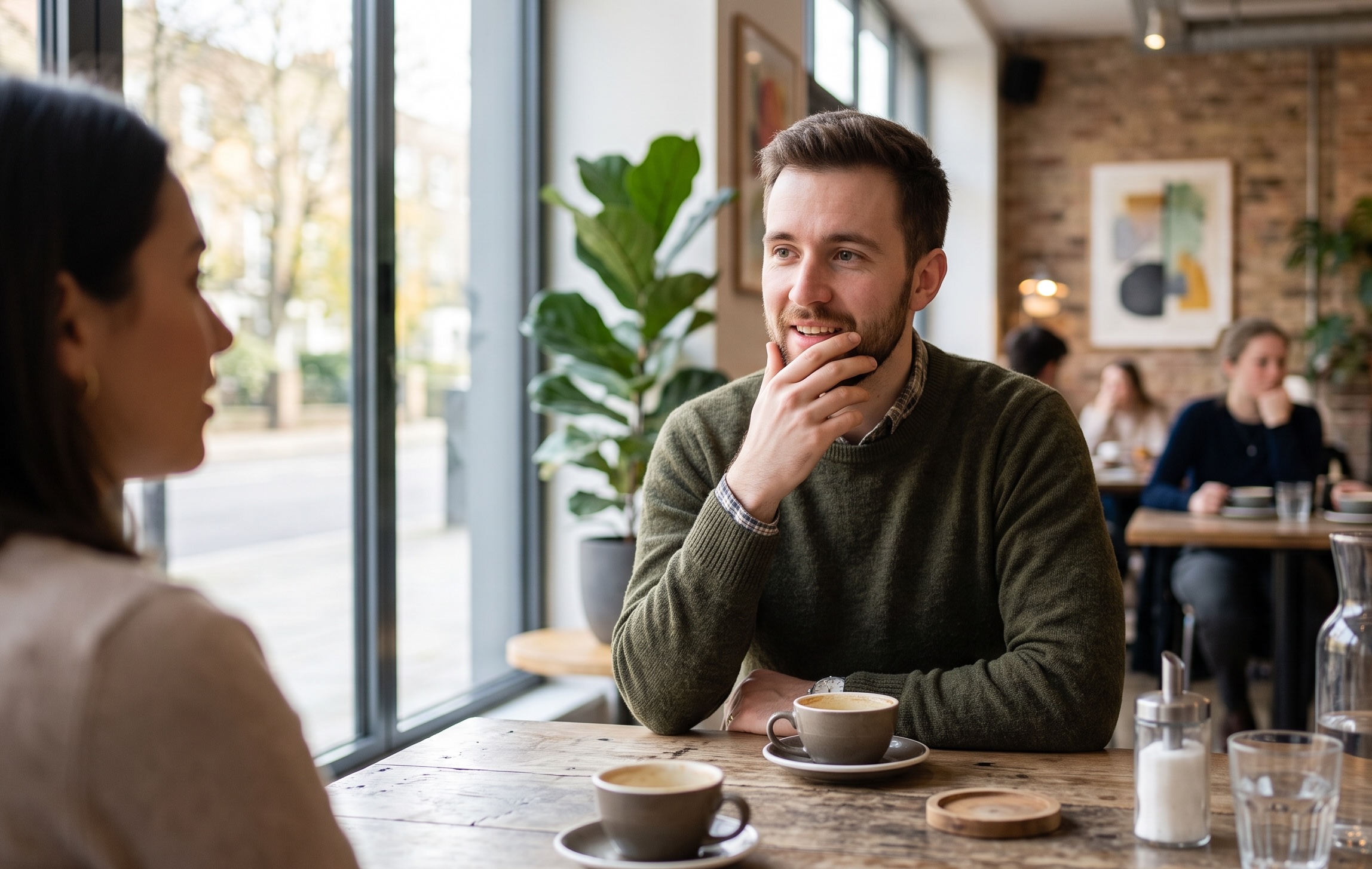 Hombre conversando en inglés con un amigo mientras expresa deseos y arrepentimientos utilizando las estructuras wish e if only en una conversación cotidiana.